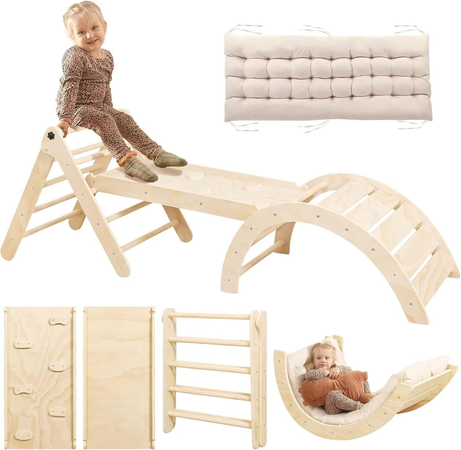 Pikler Triangle Set with Cushion, 7 in 1 Toddler Climbing Toys Indoor