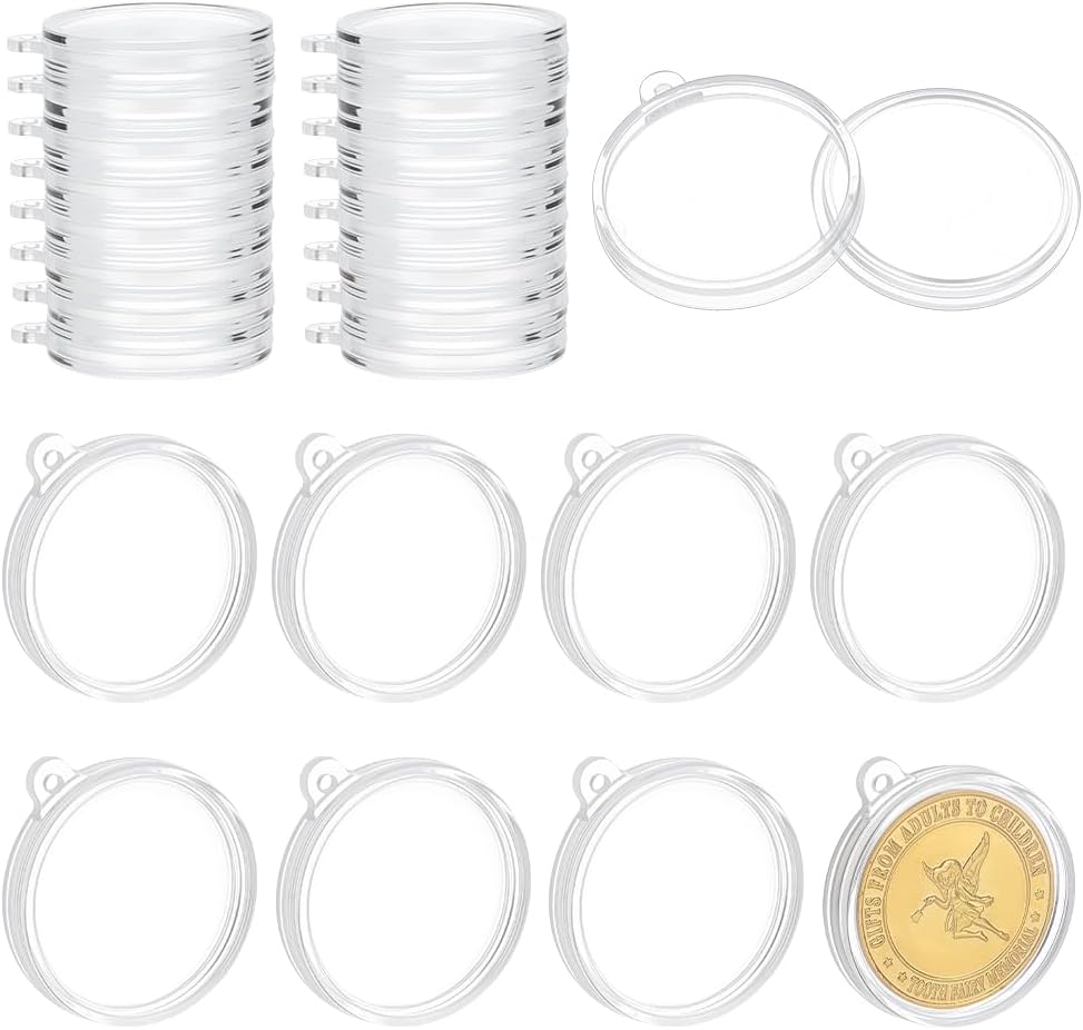 FINGERINSPIRE 24Pcs Flat Round Clear Acrylic Coin Capsules, 4x3.5cm/1.57x1.38inch Coin Protect Pendants Keychain Medallion Display Storage Case Fit for 30mm Coins & Medallion