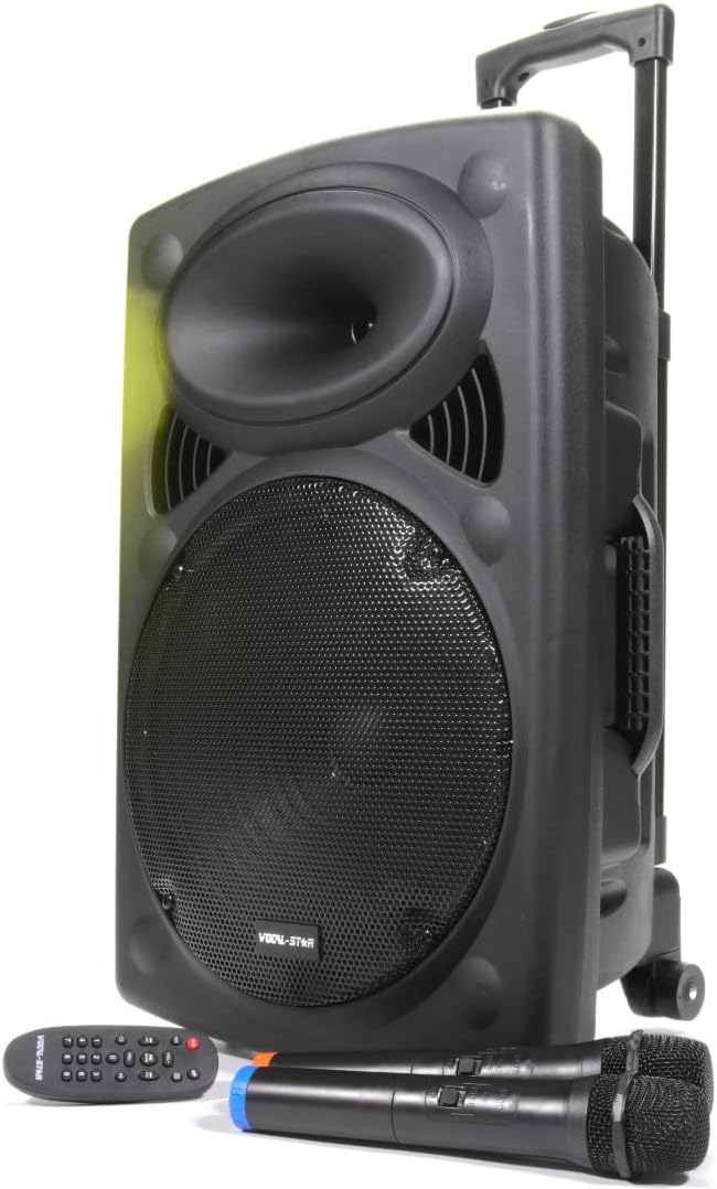 Portable PA Speaker System with Bluetooth, USB - MP3, 2 Wireless Microphones 12" Woofer, Loud 300w Power, Bass & Treble Controls (VS-P120)