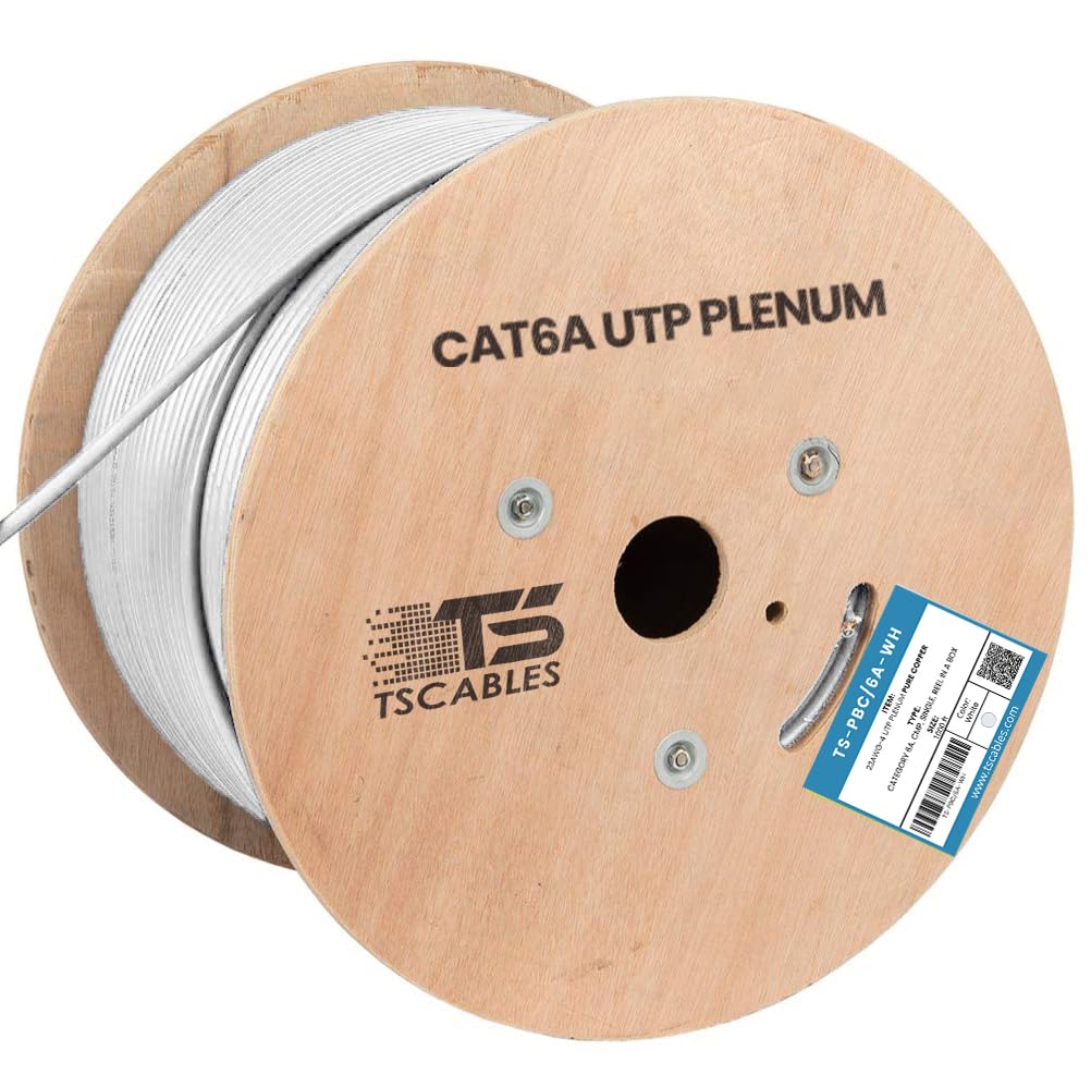 TSCables | Cat6A Plenum (CMP) 1000ft, 750Mhz, PoE++ (4PPoE) | 100% Solid Bare Copper | 23AWG Unshielded Twisted Pairs (UTP), Available in 7 Colors for Easy Identification (White, 1000ft)