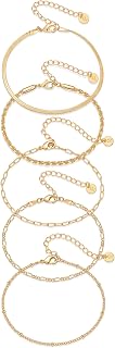 PAVOI 18K Gold Plated Chain Bracelet Pack for Women | Jewelry Set of 5 Stackable Bracelets Paperclip Snake Rope Figaro Beaded Chains