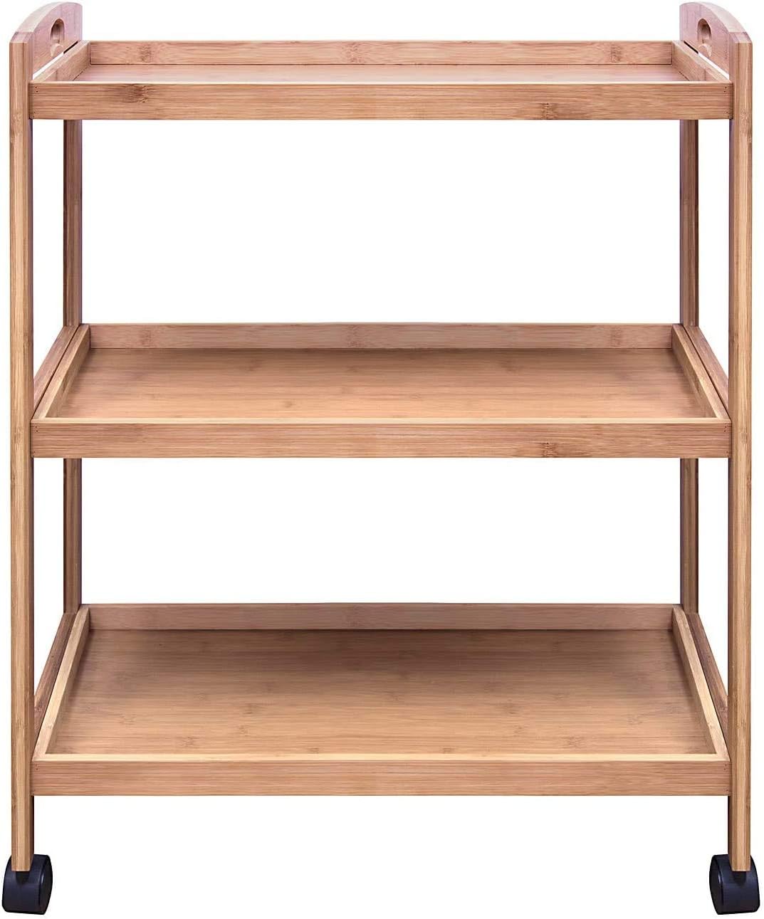 Hygrad Bamboo 3 Tier Kitchen Storage Rack Serving Trolley Island Cart With Wheels, Drinks, Bar Cart, Serving Kitchen Cart, Storage Shelf with Lockable Castors, 60.5 x 33 x 73 cm, for Lounge, Party,