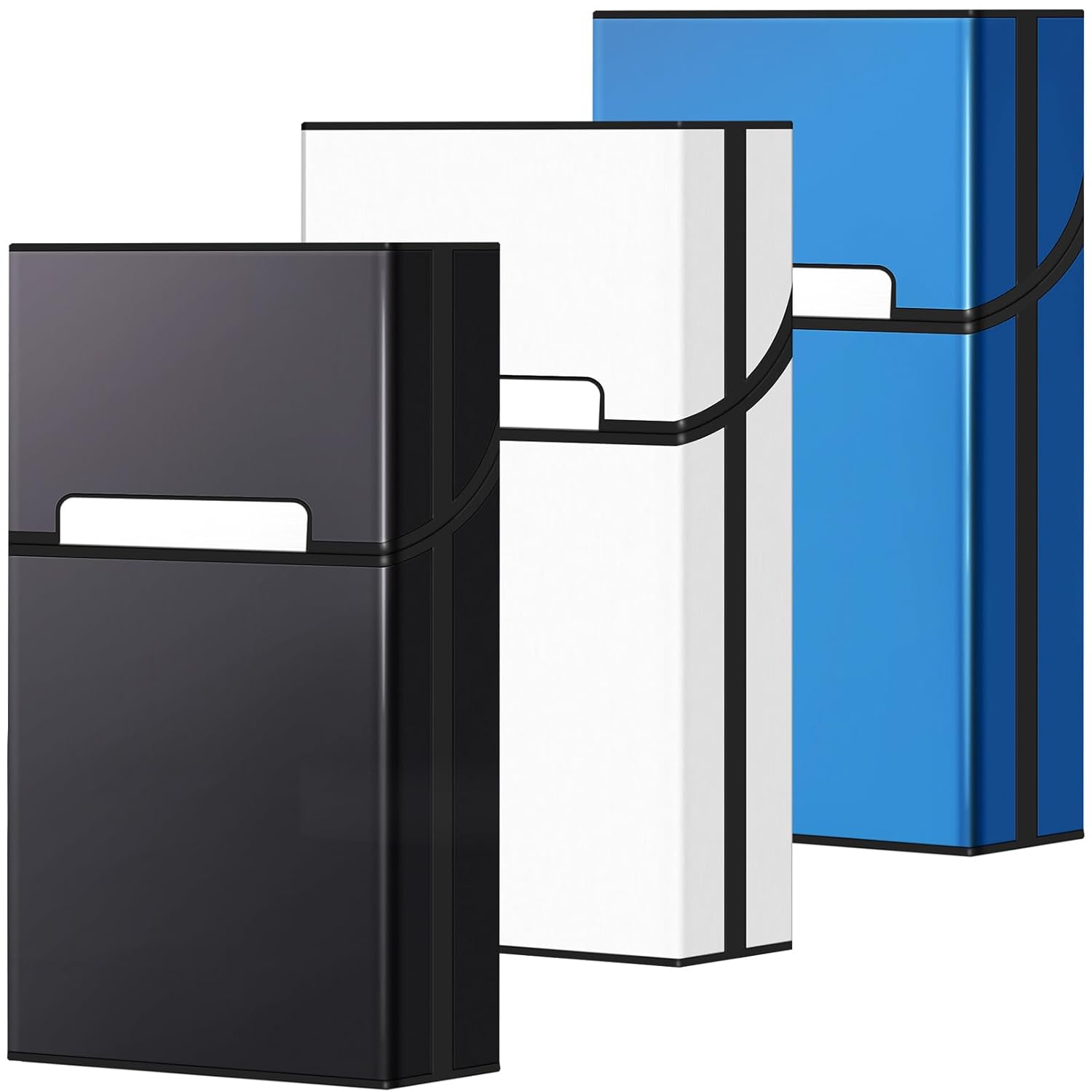 roygra Cigarette Case 100s King Size (3 Pack), Magnetic Switch 20pcs Cigarette Holder Case for Men Women, Cigarettes Smoking Accessories, Metal and Plastic Box for Smoke (Black + Silver + Blue)