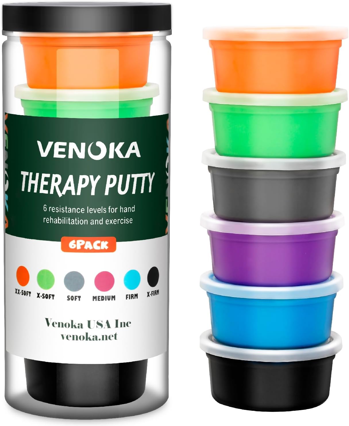 Venoka Therapy Putty for Kids and Adults - Resistant Theraputty for Hand Therapy Kit - Stress Relief Exercise Putty - Set of 6 Strengths - 3 Ounces Per Putty