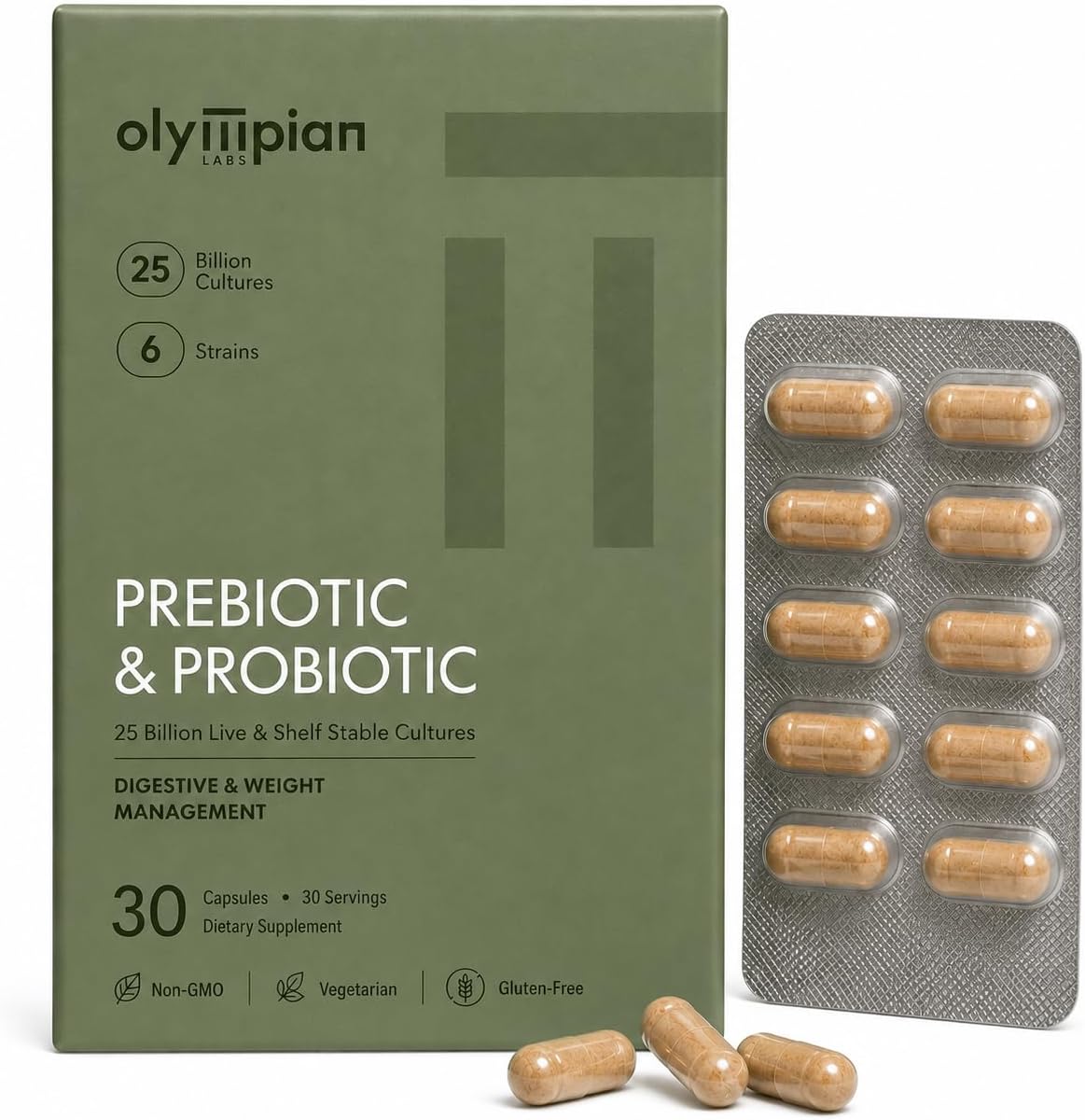 Olympian Labs Complete Prebiotics and Probiotics for Women & Men - 25 Billion CFU Probiotic Complex, Lactobacillus Acidophilus & Bifidobacterium - Gut Health & Digestive Health - 30 Veg Capsules