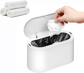 SUBEKYU Mini Trash Can with Lid,Small Trash Can,Desk Trash Can,Countertop Mini Garbage Cans,Tiny Waste Basket,White,with 3 roll Bags
