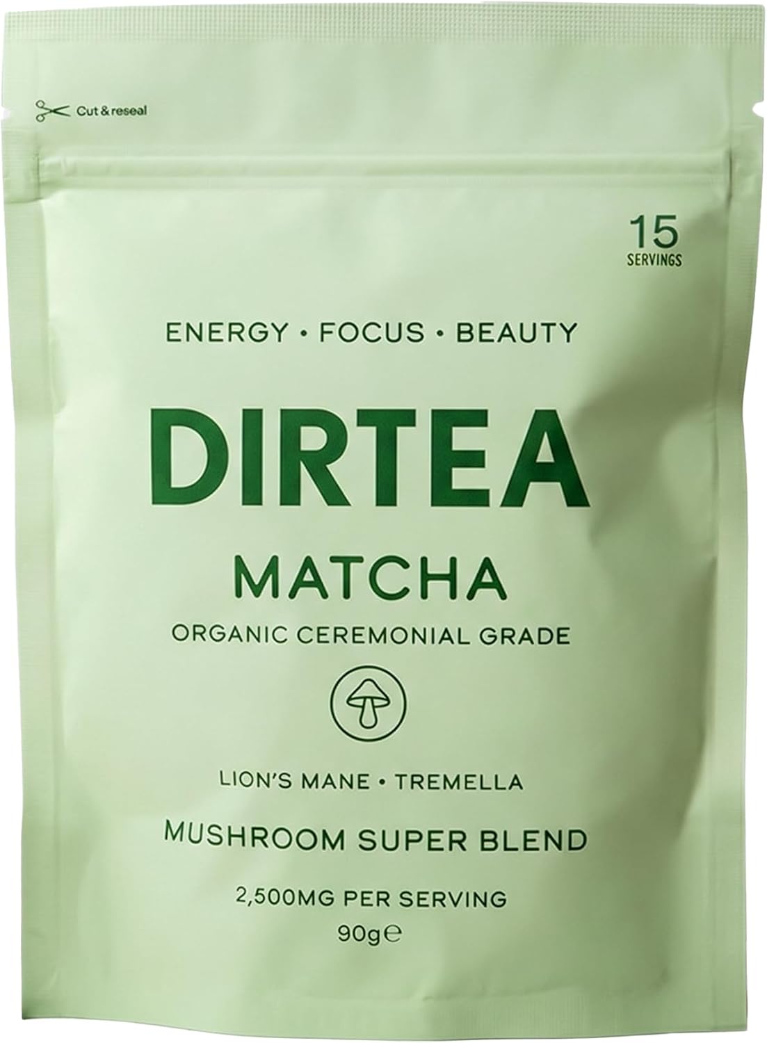 DIRTEA Matcha Powder - 100% Ceremonial Grade Matcha with Lion's Mane & Tremella - Starter Size | 90g - 15 Servings | Vegan & Non GMO