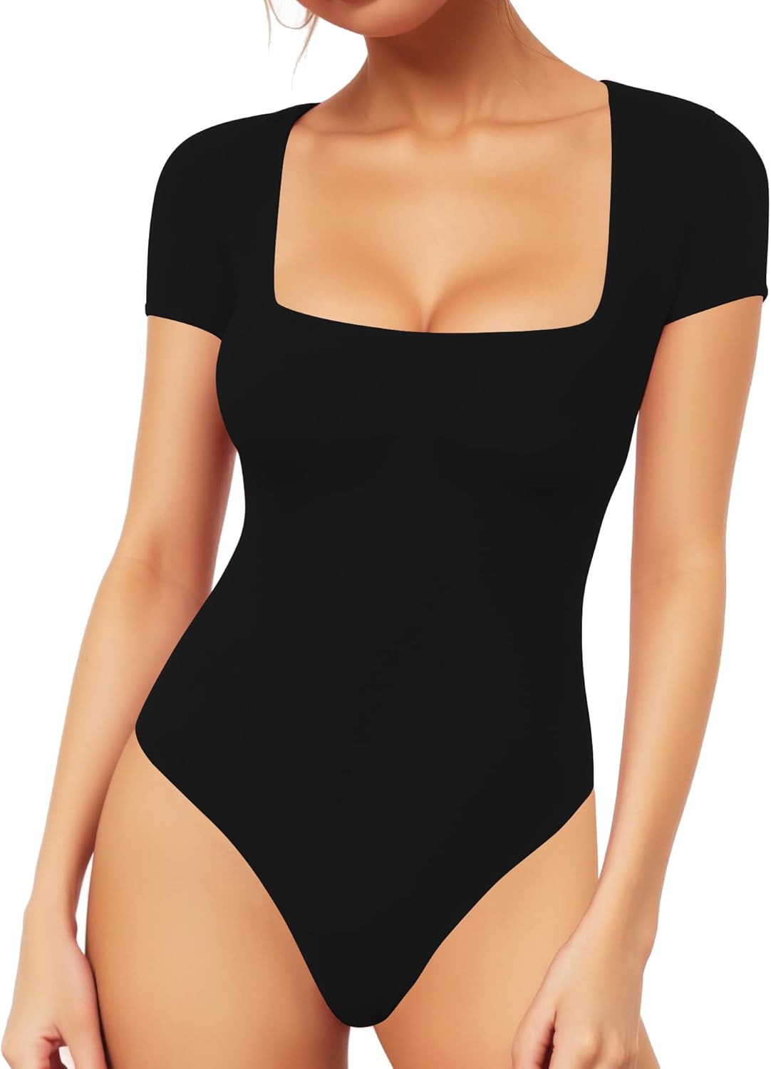 MANGOPOP Women's Square Neck Short Sleeve Long Sleeve Bodysuit Sexy Body Suits Shirt Slim Fitted Tops