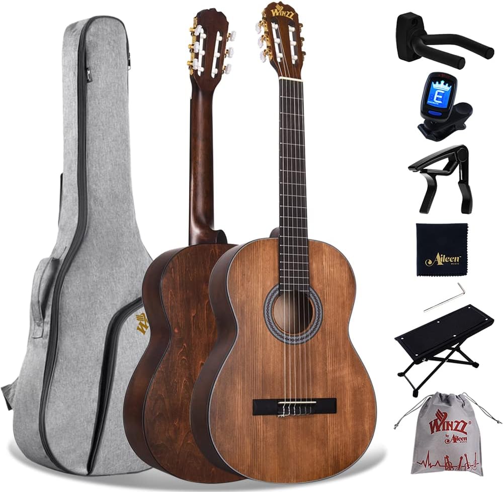 Winzz 4/4 Full Size Classical Spanish Guitar for Adults Beginners with Complete Accessories (39 Inches, Matte Brown)