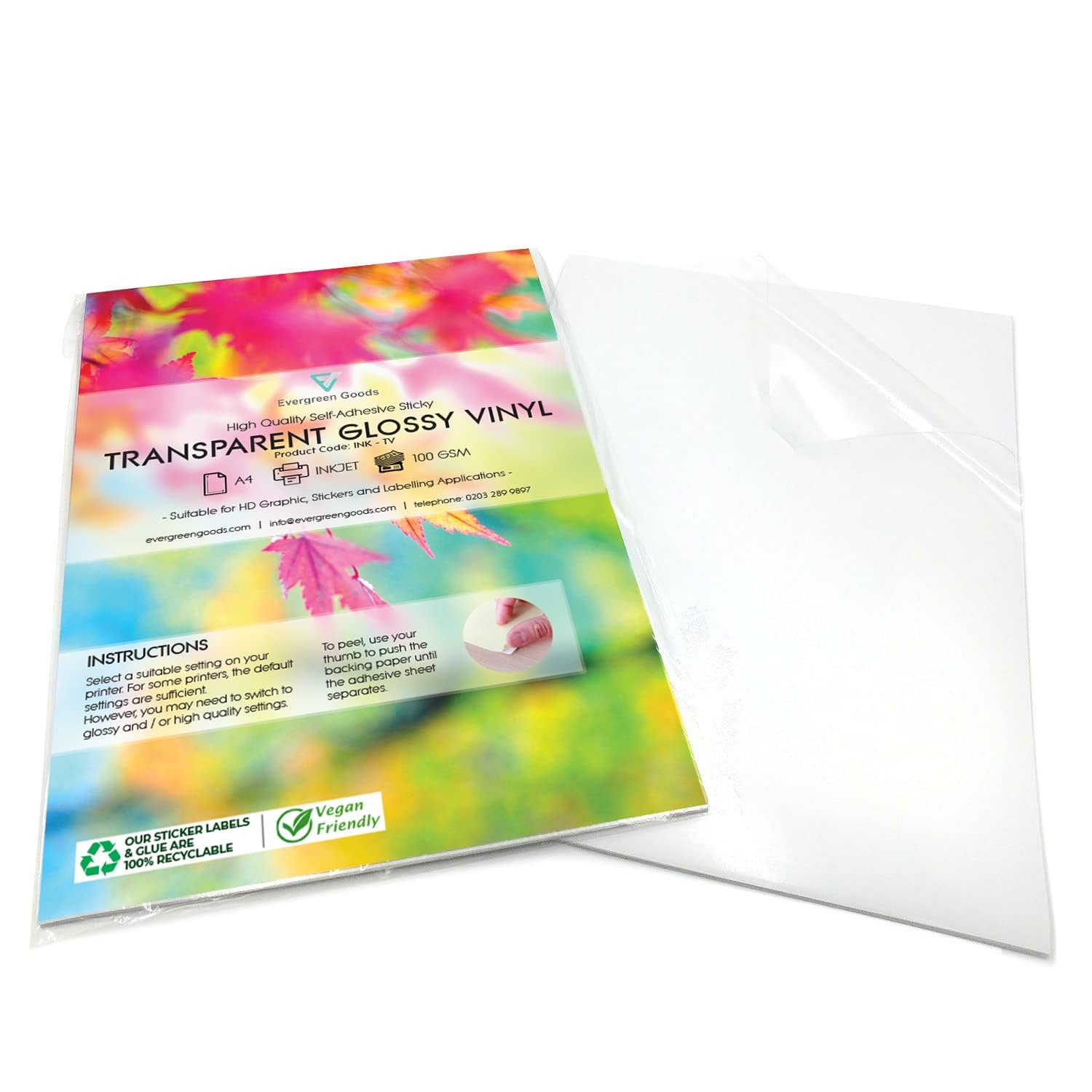 Evergreen Goods 20 Sheets A4 Transparent Glossy Vinyl Stickers Label | Self-Adhesive Clear Inkjet Printable Sticker Paper | Ideal Printing Paper for Creating Signs, Product Labels, and Stickers