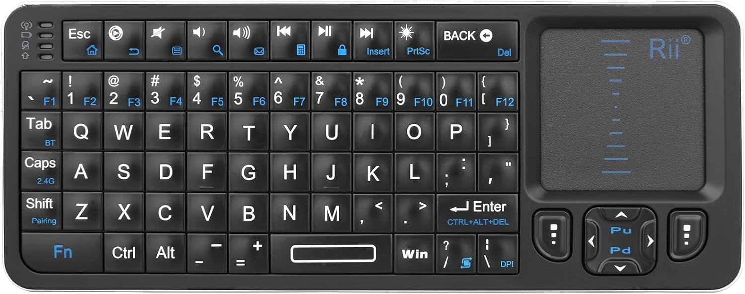 Rii K06 Mini Bluetooth Keyboard,Backlit 2.4GHz Wireless Keyboard with IR Learning, Portable with Touchpad,Compatible with Amazon Fire Stick/VR Glasses/PS4/PS5/HTPC/IPTV (2.4G and Bluetooth)