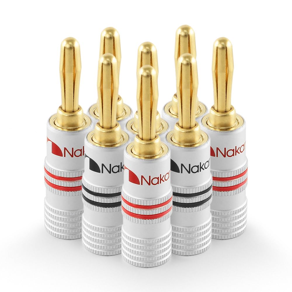 Nakamichi Excel Series 24k Gold Plated Banana Plugs 12 AWG - 18 AWG Gauge Size 4mm for Speakers Amplifier Hi-Fi AV Receiver Stereo Home Theatre Radio Audio Wire Cable Screw Connector 8 Pcs (4-Pairs)