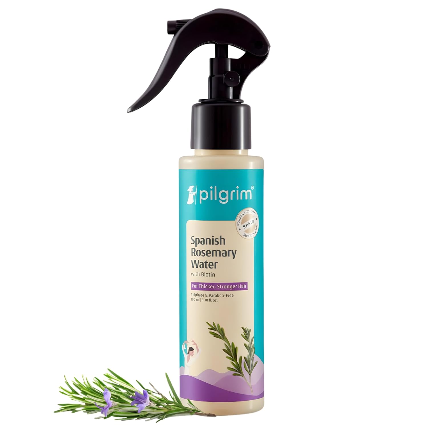 Pilgrim Spanish Rosemary Water with Biotin Hair Spray for Thicker, Stronger Hair | Helps Reduce Hair Breakage, Adds Volume & Shine, Refreshes Scalp | Sulphate & Paraben Free | 3.38 Fl Oz (100ml)