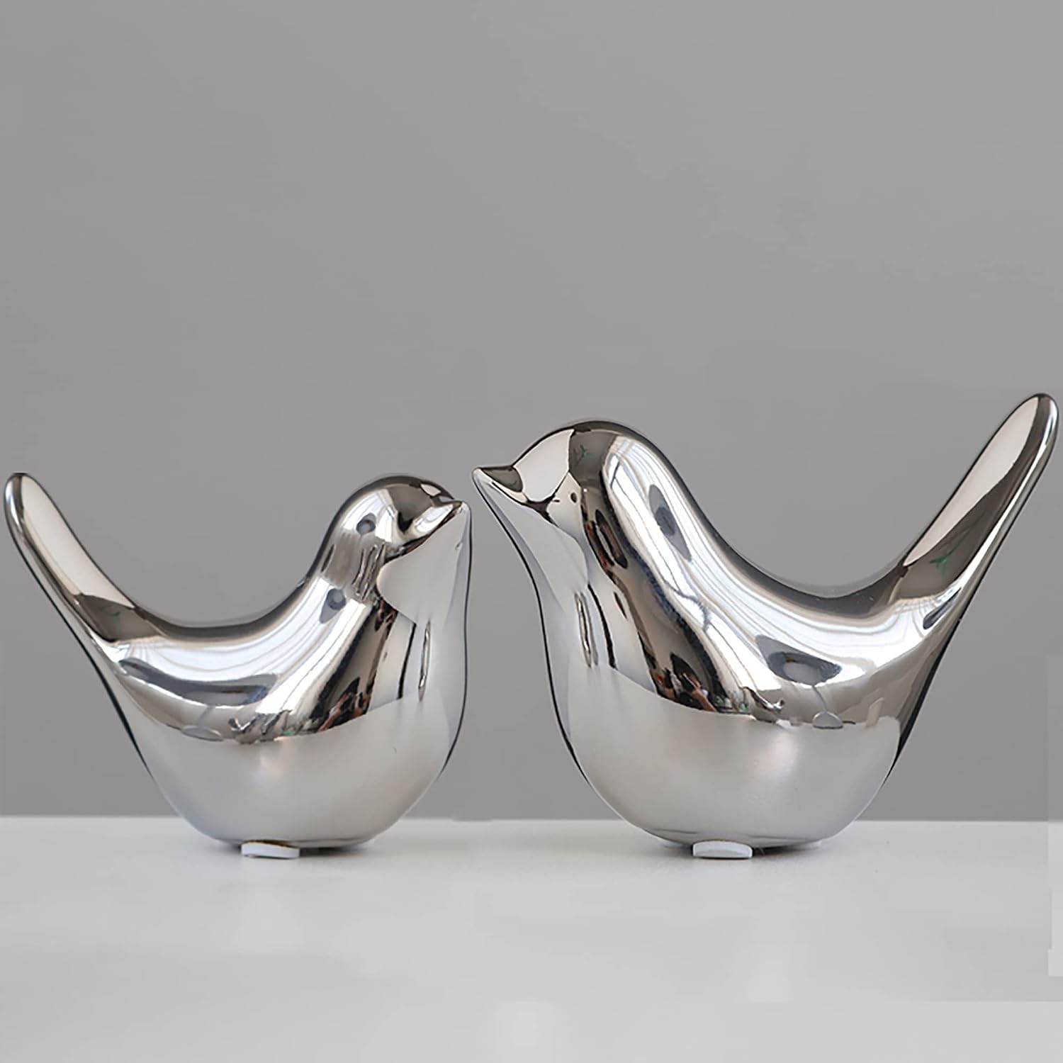 FANTESTICRYAN Small Birds Statues Home Decor, Modern Style, Silver, M&L | Ceramic Animal Figurines, Set of 2 Decorative Ornaments, For Living Room, Bedroom, Office Desktop, Cabinets, Coffee Bar