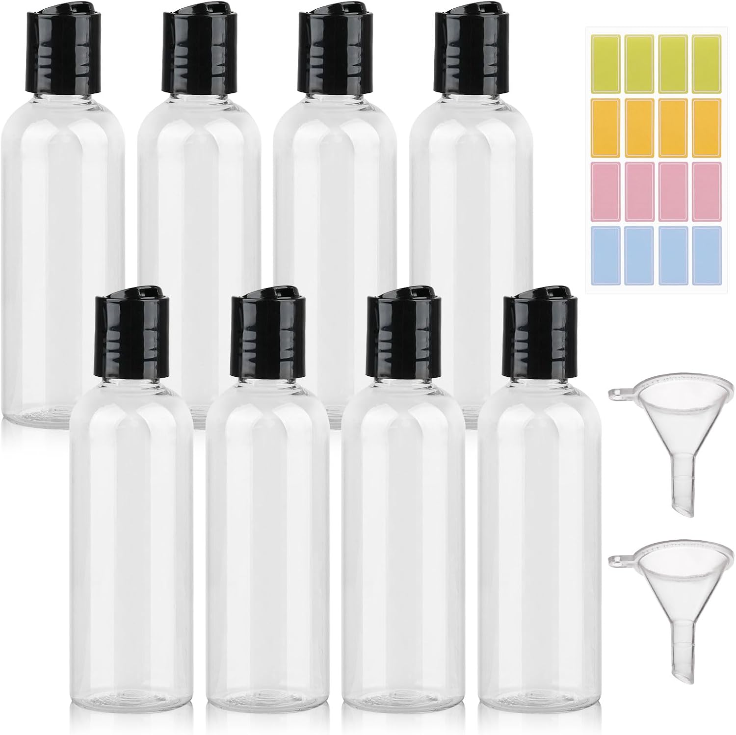 8pcs Travel Bottles,Travel Bottles for Toiletries 100ml,Resuseable Plastic Travel Size Bottles Empty Refillable,Clear Container Travel with 2 Funnels and Colorful Labels for Shampoo Lotions Cosmetics