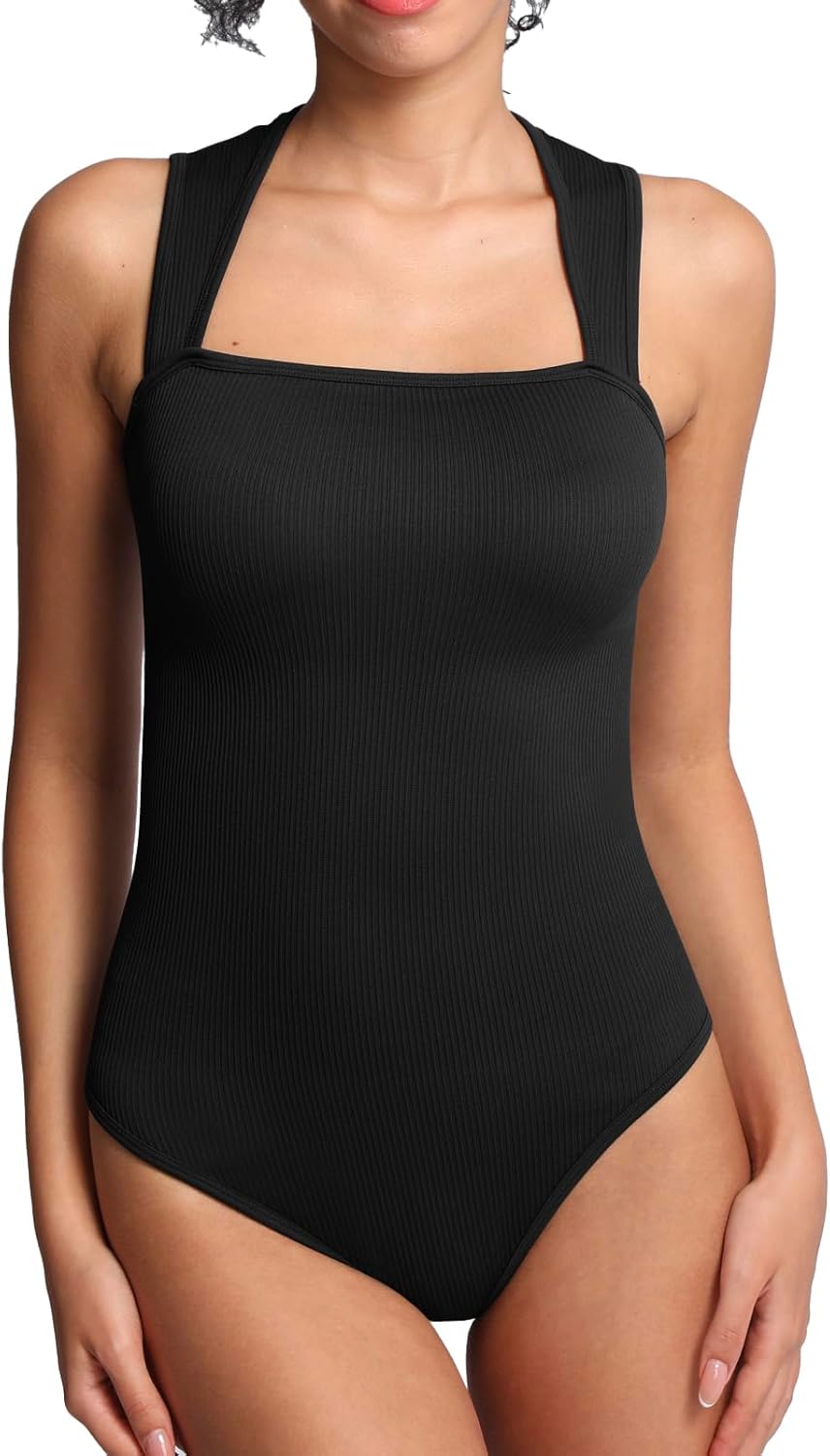 Nabawa Bodysuits for Women Tummy Control Sleeveless Ribbed Square Neck Tank Top Body suits Sexy Strappy Going Out Tops