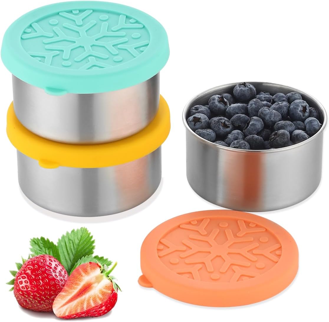 Misichao Snack Containers 220 ml x 3, Stainless Steel Lunch Bento Snack Box, Reusable Metal Meal Prep Lunch Containers with Silicone Lids for Kids Adults