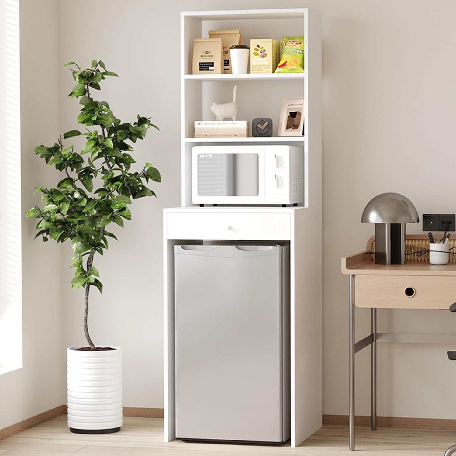 Mini Fridge Cabinet with Storage – Kitchen Cabinet with Microwave Shelf, Drawer & Open Shelves – Ideal for Compact Spaces or Dorms