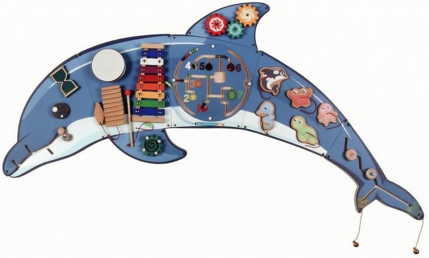 Colcolo Children Learning Board Wooden Early Learning Sensory Skills Panel Wall-Mounted Game Toy Suitable for Toddler Room, Dolphin Wall Game