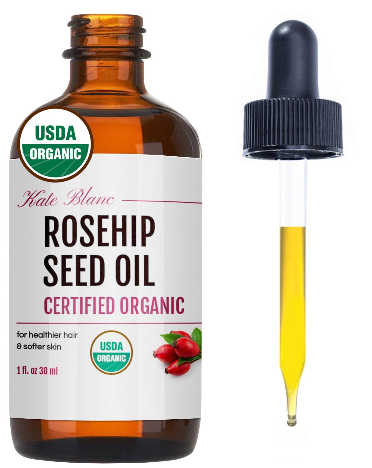 Kate Blanc Cosmetics Rosehip Oil for Face & Skin (1oz, Organic, Pure, Cold Pressed) Rosehip Seed Face Oil for Facial & Gua Sha Massage