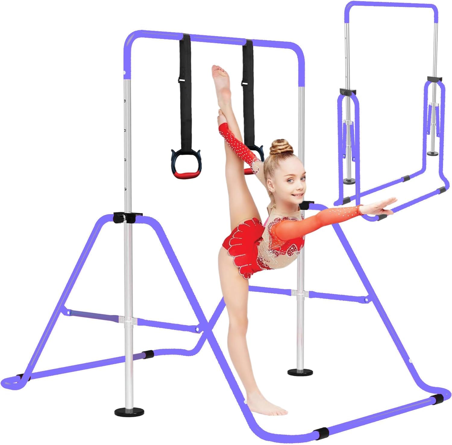 OZE SPORTS Kids Gymnastics Bar Kip Trainer with Rings – Adjustable Height, Sturdy & Safe Training Horizontal Bar for Home Practice, Foldable Gymnastics Equipment for Boys & Girls (Purple)