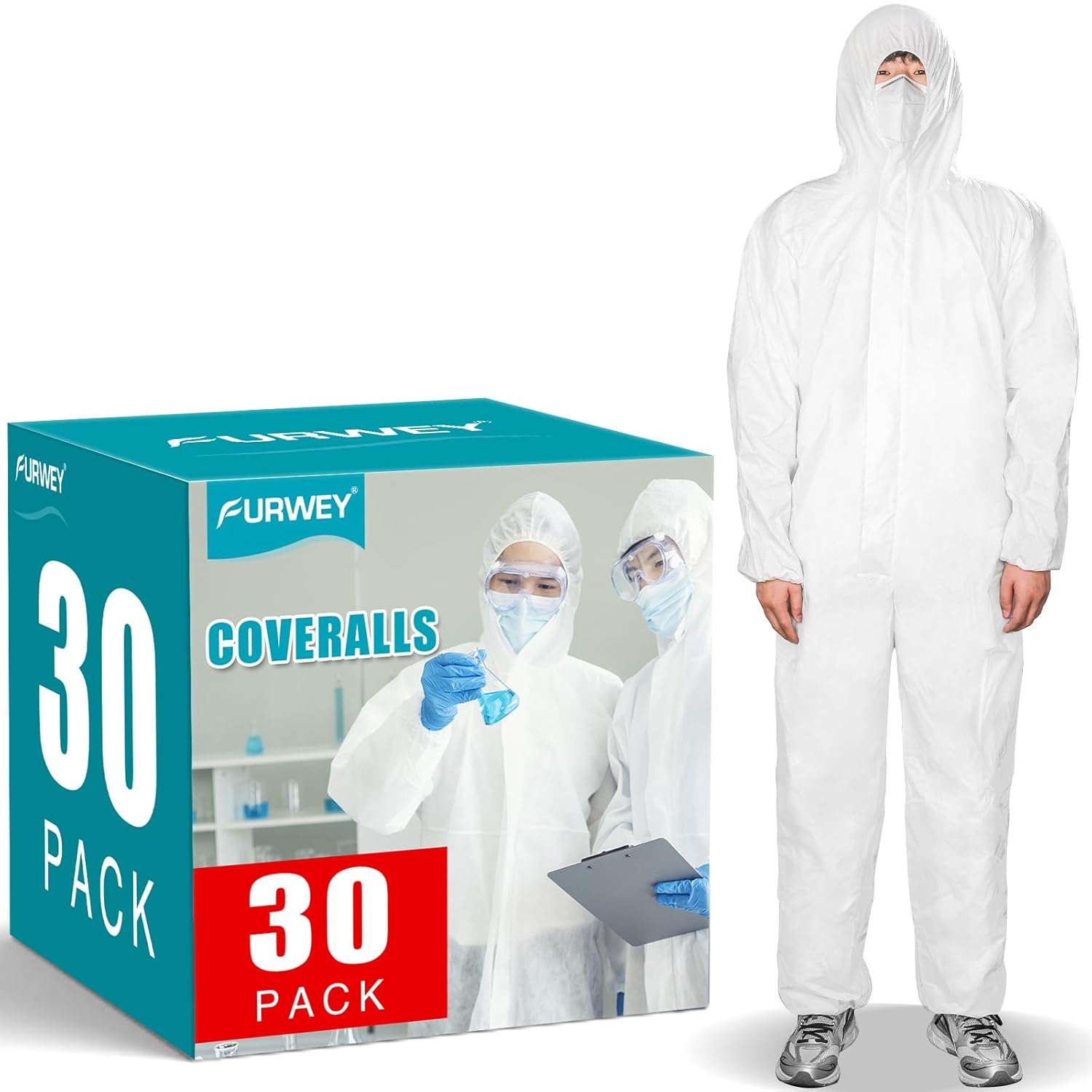 Hazmat Suits 30Pack Disposable Protective Coveralls, Heavy Duty Full Body Painters Suit for Men & Women with Elastic Wrists, Ankles and Hood, Available in 6 sizes-Large
