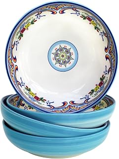 Euro Ceramica Zanzibar Collection Pasta Bowl Sets, Set of 4, Spanish Floral Design, Multicolor Blue