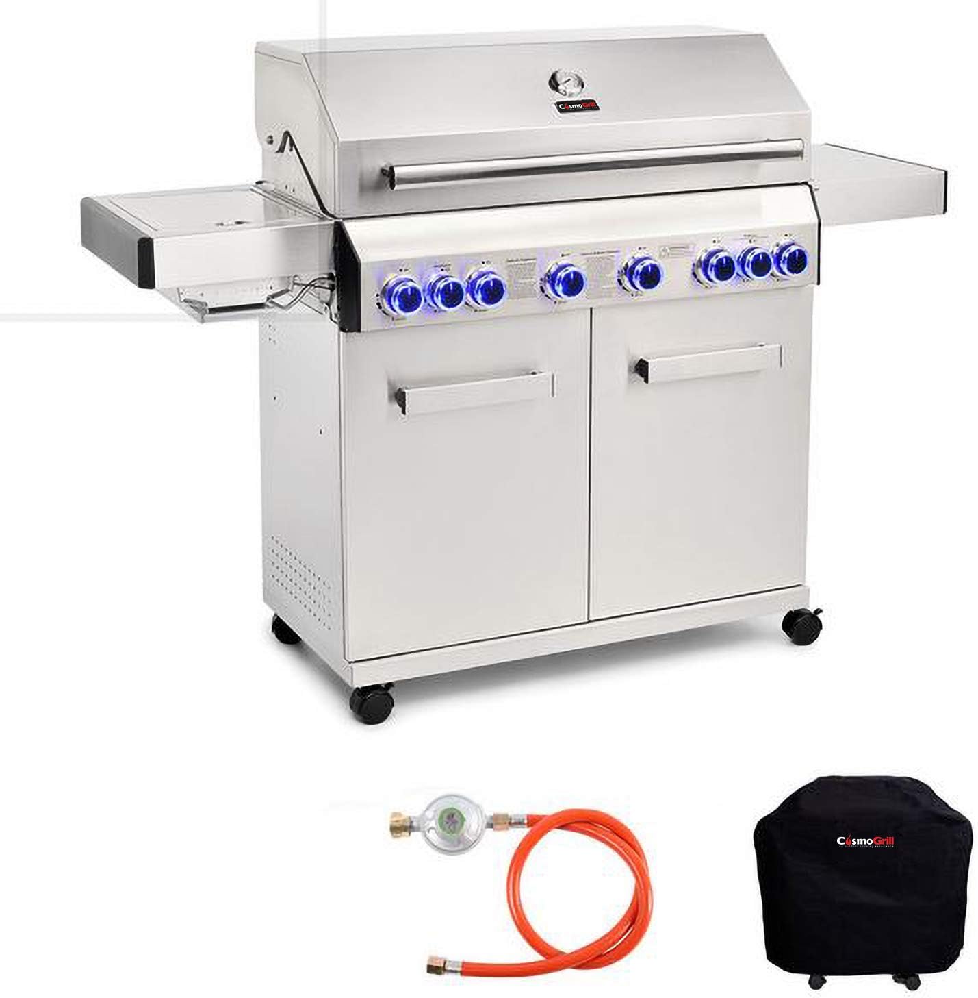 CosmoGrill Platinum Stainless Steel 8 Burner 6+2 Gas Barbecue Grill with Waterproof Cover, Premium Outdoor Garden Gas BBQ with Spacious Cooking Area