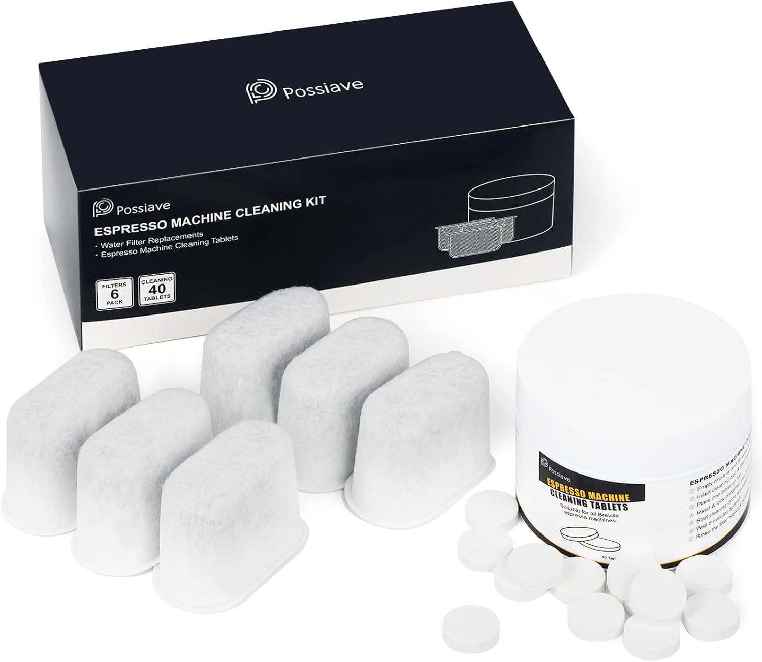 Espresso Machine Cleaning Tablets and Filters for Breville Espresso Machines (40 Tablets + 6 Filters) - 1.5 Gram Cleaning Tablets & Replacement Water Filter - Espresso Cleaner Accessories
