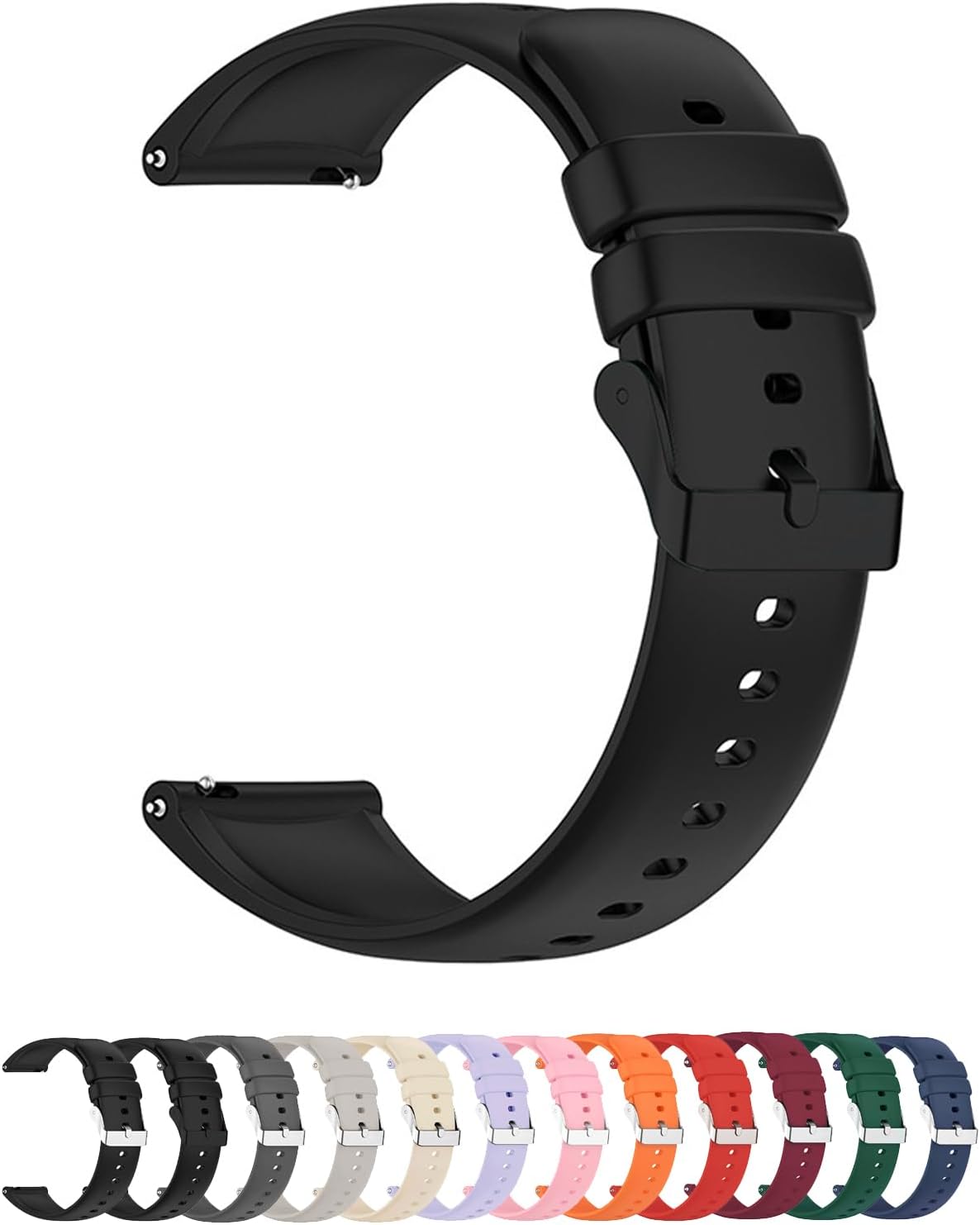 Foyscr Silicone Strap, Quick Buckle Waterproof Soft Strap, Black Strap, Silver Stainless Steel Buckle, Men's and Women's Smartwatch Strap, Sport Watch Strap