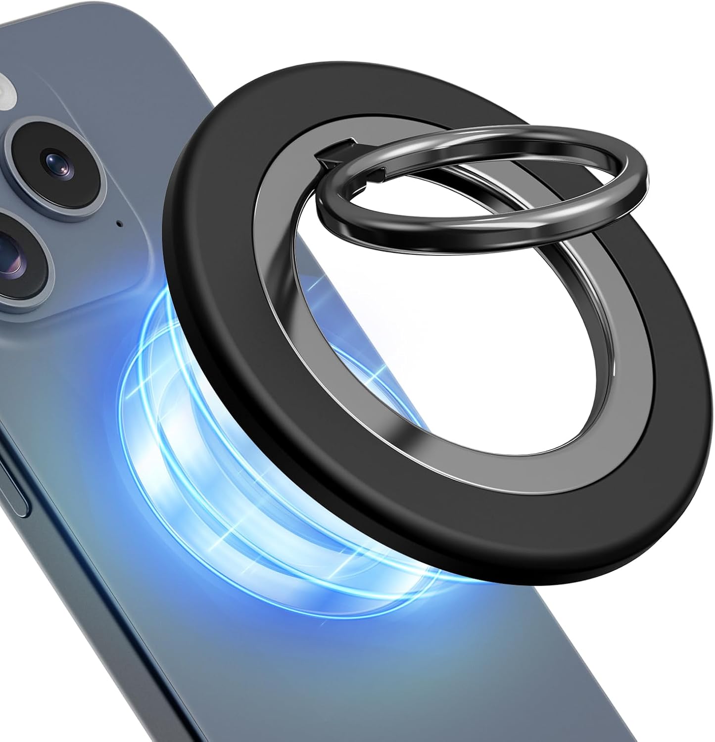 Phone Ring Holder, Dual Sided Magnetic Phone Grip Magnet Cell Phone Finger Holder for Hand Handle Grip Kickstand Compatible for MagSafe iPhone 16/15/14/13/12 Series, Black