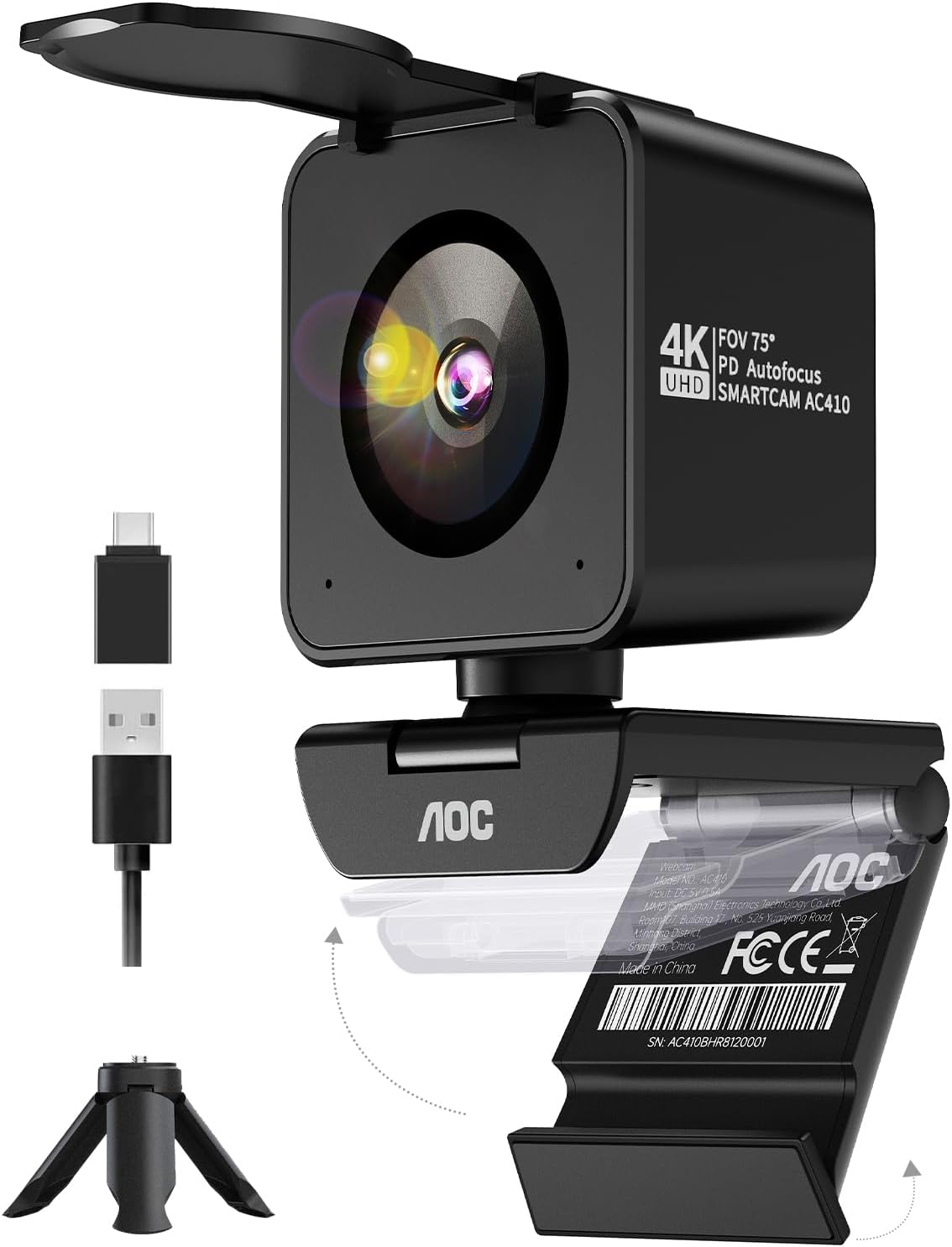 AOC 4K Webcam for PC, 4K/60fps Web Camera with Auto Focus, Privacy Cover | Webcam 4K with Auto Light Correction, 75° View, Plug & Play, USB Camera for Laptop, Desktop, Skype, Facetime, Conferencing