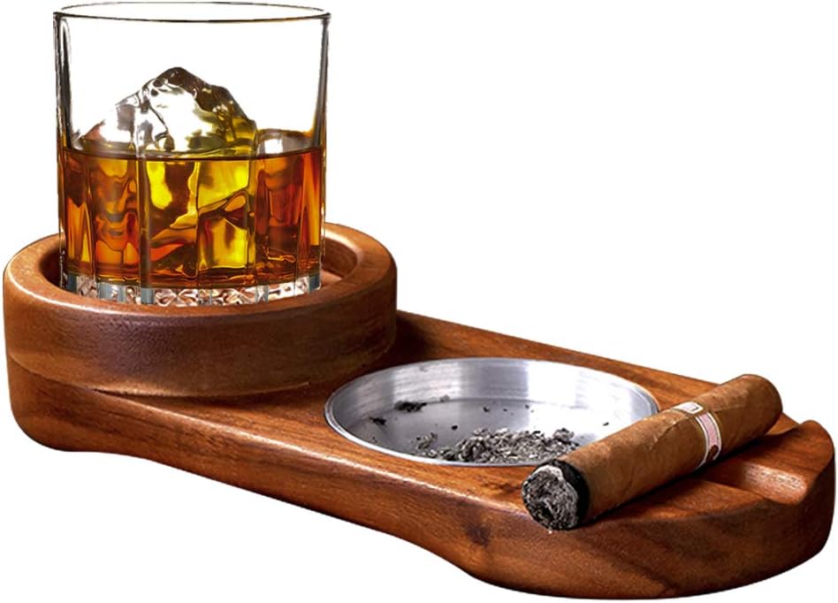 Labeol Ashtray Dad Gifts Coaster for Dad Whiskey Glass Tray and Cigar Holder Wooden Cigar Ashtray Slot to Hold Cigar Cigar Rest Cigar Accessory Set Gift for Men Dad