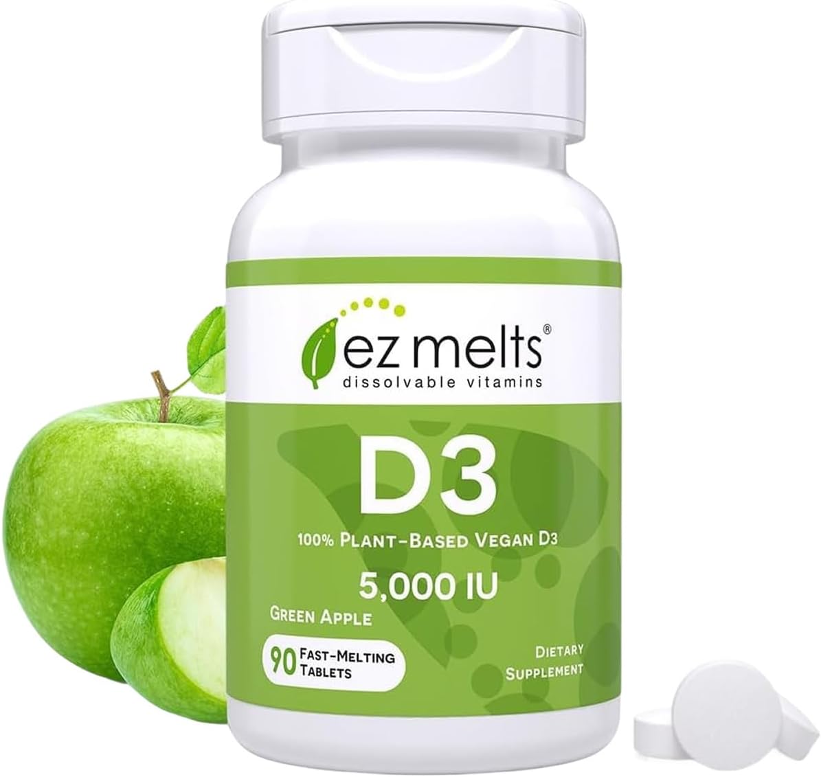 EZ Melts Dissolvable Vitamin D3 5,000 IU, 90 Tablets, Green Apple