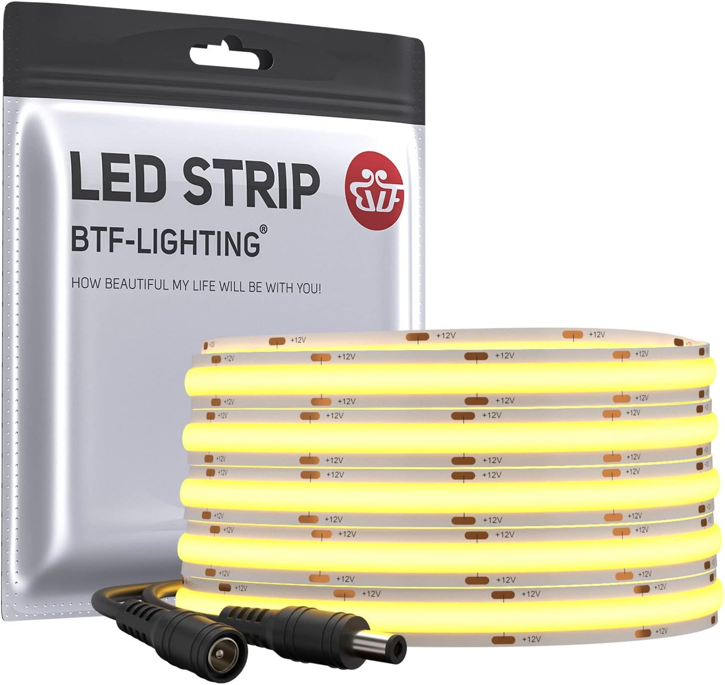 BTF-LIGHTING COB LED Strip Light 5M 528LEDs/m FCOB Dimmable Light Uniformity Flexible High Density Warm White 12V 10mm Width LED Tape for Bedroom Kitchen Home Interior Decoration(Only LED Strip)