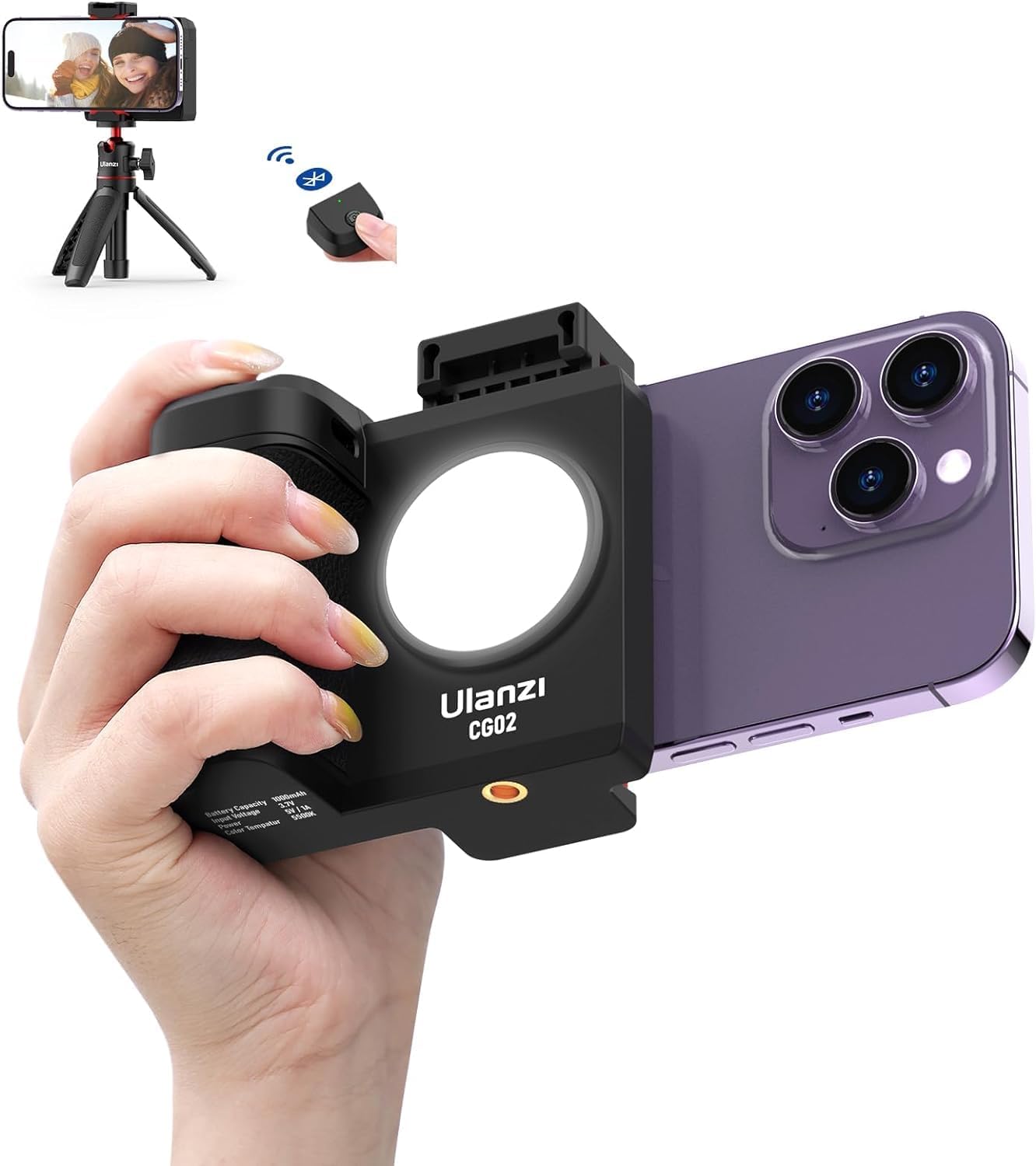 ULANZI CG-02 Grip Holder for Smartphone Upgraded Phone Camera Grip with Remote Shutter Handheld Tripod Mount Fill Light Handheld Photography Accessories for iPhone 15 14 Pro Max etc