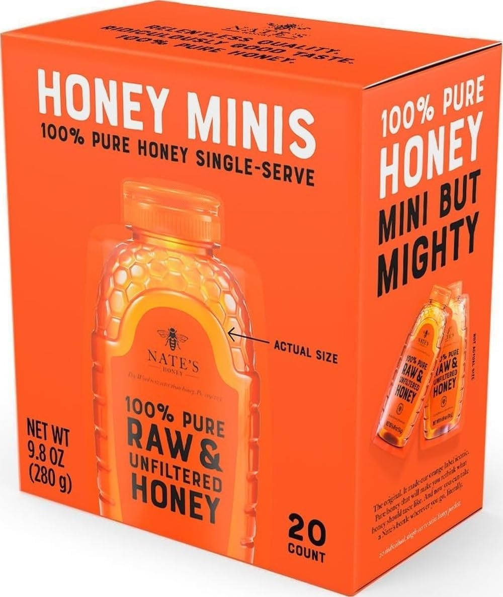 Nate's Honey Minis - Single-Serve 100% Pure, Raw & Unfiltered Honey – 0.49oz Packets, 20ct Box