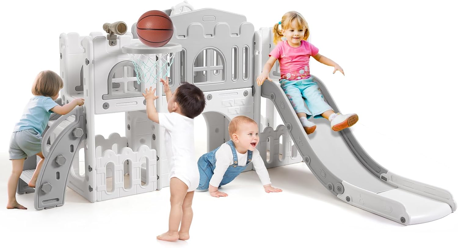 Kids Slide 8 In 1, Large Toddler Slide Playground Outdoor & Indoor With Basketball Hoop, Climber, Telescope, Tunnel and Storage Space, Freestanding Slides for Age 1-3