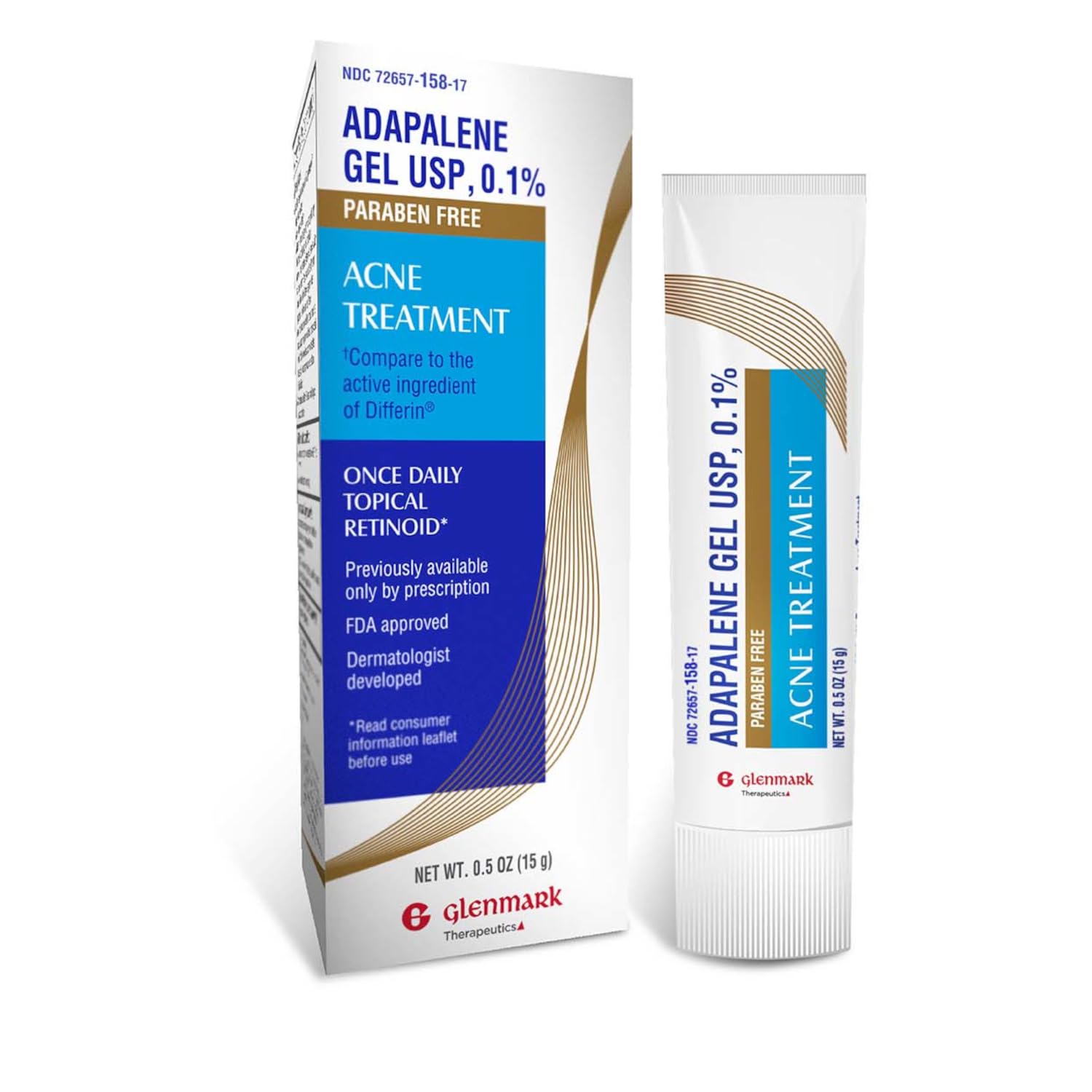 Adapalene Gel 0.1% Acne Treatment, Paraben Free Topical Retinoid Cream for Face, Helps Clear and Prevent Acne and Clogged Pores, 15g Tube