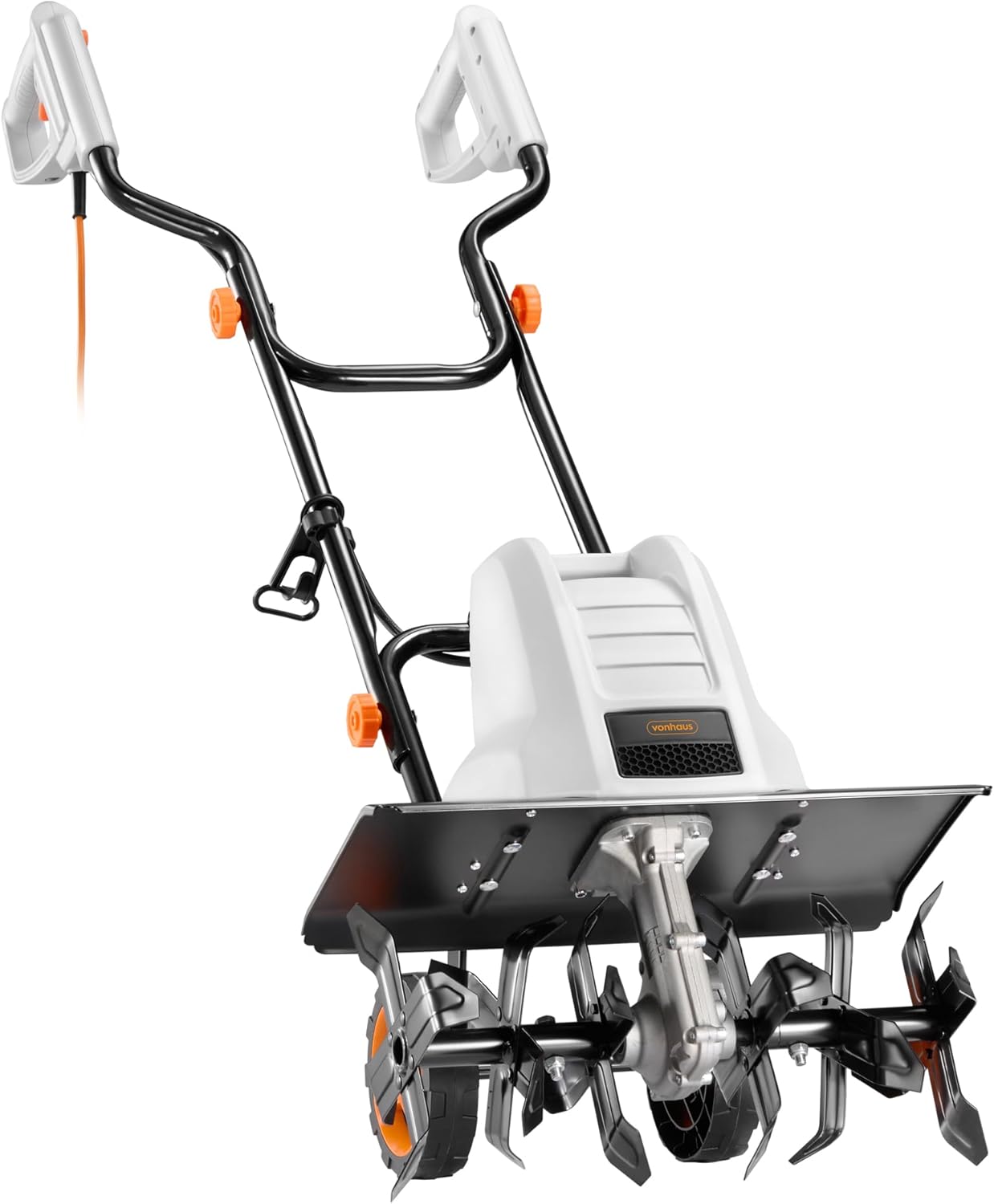 VonHaus Electric Tiller 1500W – Garden Soil Cultivator/Rotavator – 400RPM No Load Speed, 6 Steel Blades, 450mm Working Width – H Bicycle Handle, Electronic Brake, 2 Foldable Wheels, Collapsible Handle