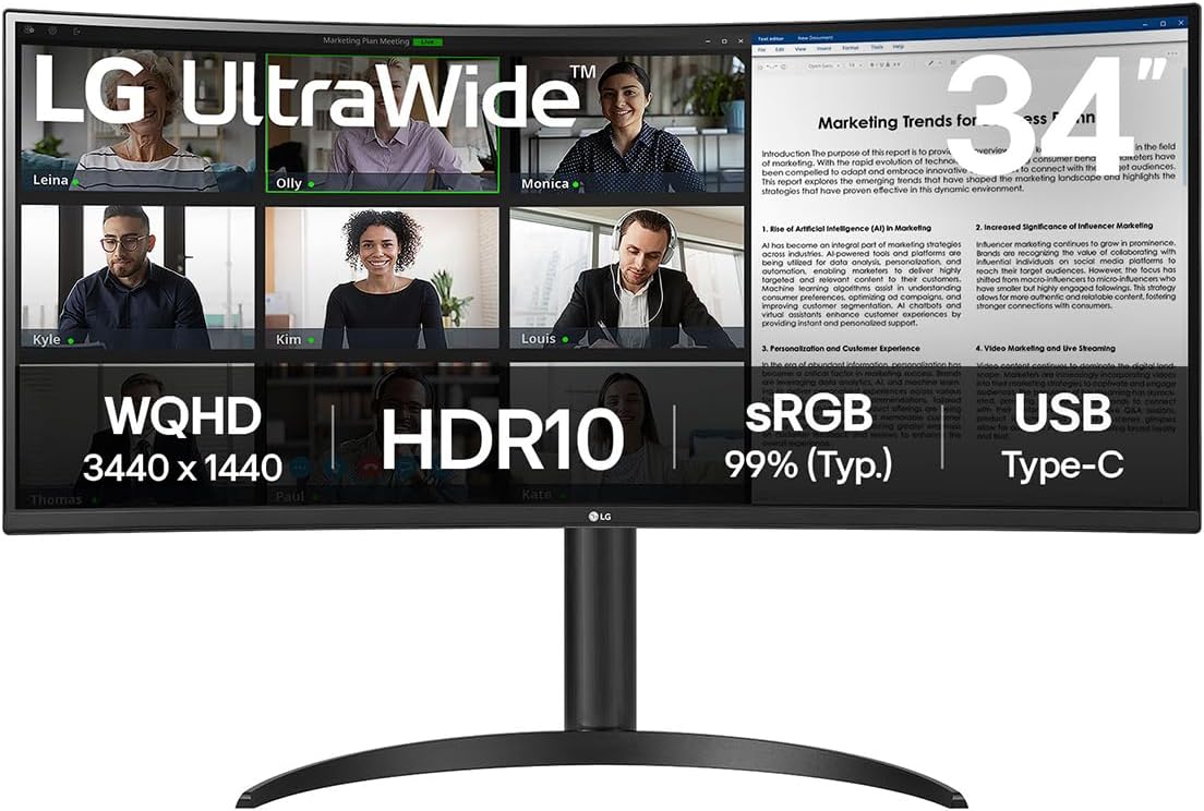 LG Electronics Curved UltraWide Monitor 34WR55QK, 34 inch, 1440p, 100Hz, 5ms Response Time, VA Panel, Smart Energy Saving, USB-C (65W Power Delivery), Displayport, HDMI