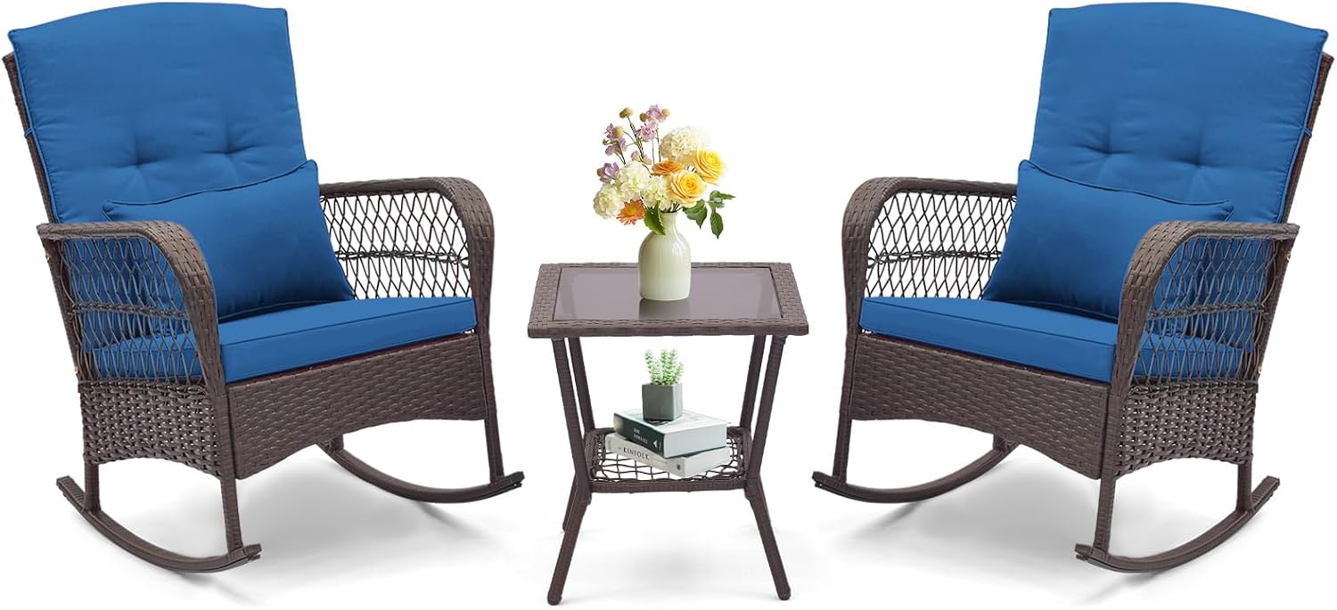 ORALNER 3 Pieces Patio Furniture Wicker Rocker Set, Outdoor Rocking Chairs with Cushions, Pillows, Glass Coffee Table, Rattan Bistro Set for Balcony Front Porch Poolside Garden Deck (Navy)