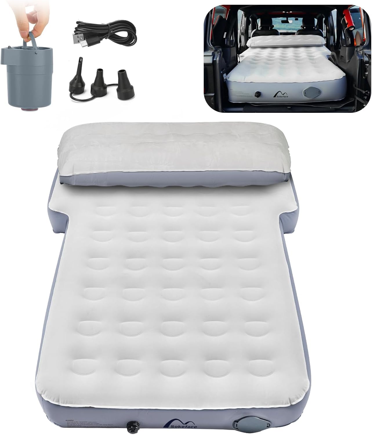 Sokeface SUV Air Mattress with One-Click Charging Wireless Air Pump, Detachable Pillow, 10inch Air Mattress for Jeep Wrangler JK JKU JL JLU Unlimited 4 Door, Heavy Duty, Car Camping, Patent Pending