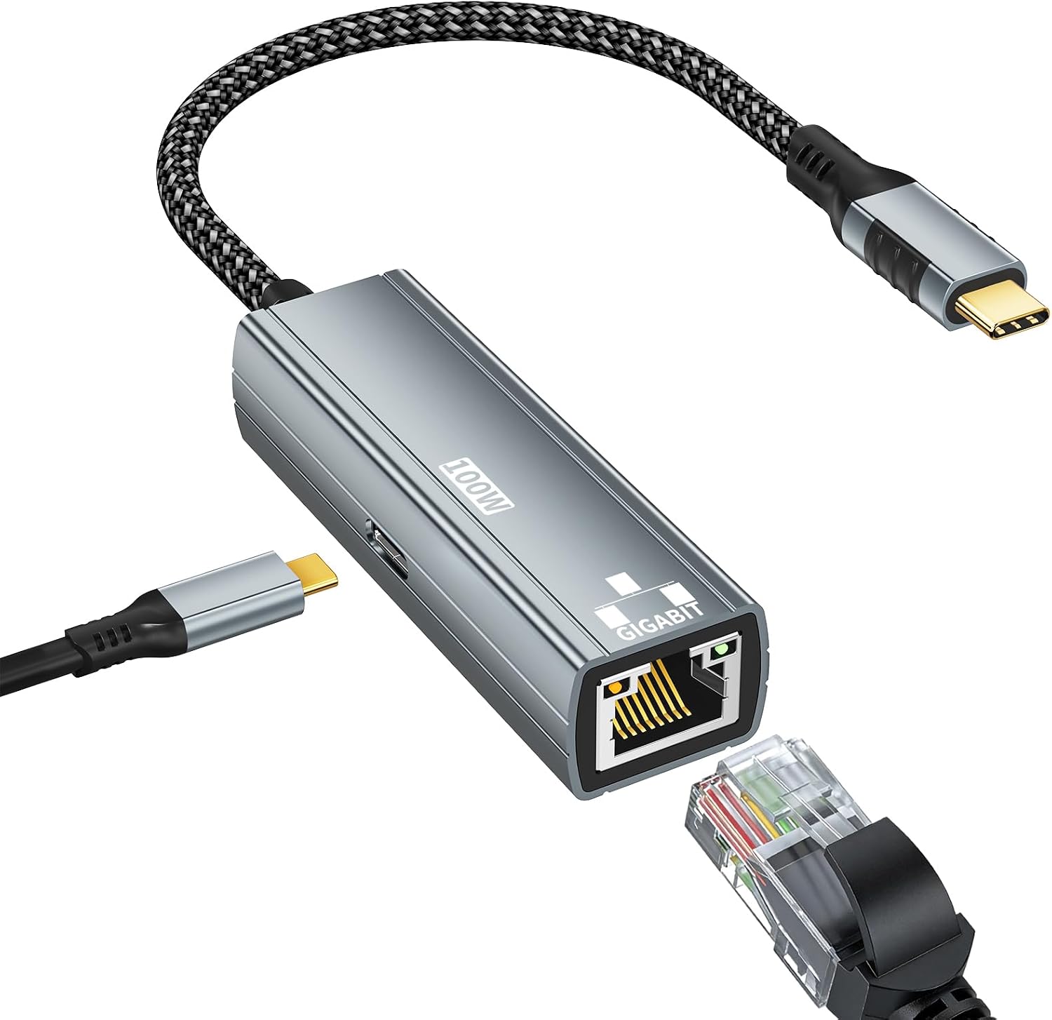 2 in 1 USB C to Ethernet Adapter (1000 Mbps) with 100W PD Charging | Type C to RJ45 Gigabit LAN Network Adapter Cable, Plug & Play Internet Dongle for MacBook iPad iPhone 17/16 Laptops, Grey