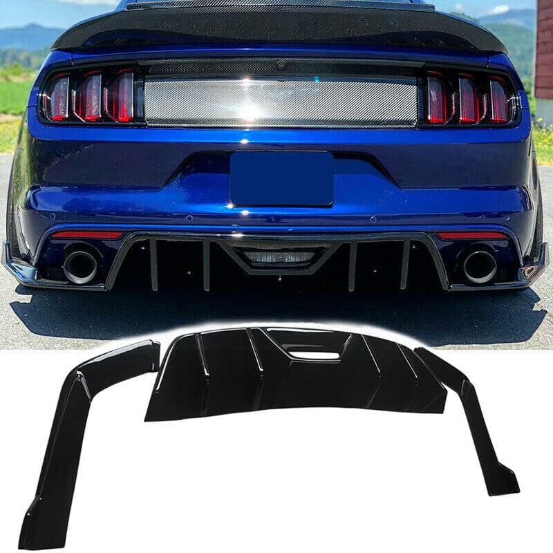 Rear Bumper Diffuser Fit for 2015 2016 2017 Ford Mustang Quad Fin Rear Lip Gloss Black Valence Diffuser Lower Spoiler Splitter Bumper Lip