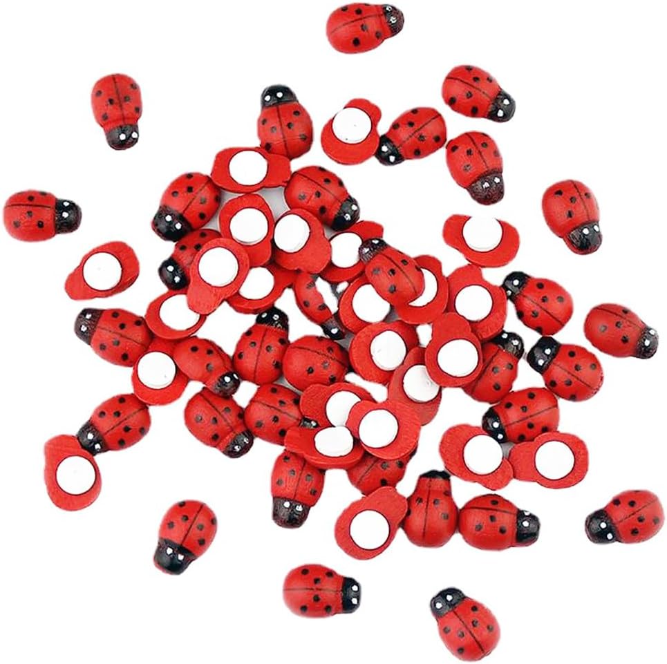 Weenwill Mini Wooden Ladybirds,100 pcs Self Adhesive Ladybirds Ornaments Ladybug Stickers Miniature Ladybugs Craft for Garden Dollhouse DIY Flower Pot Photo Frame Party Decoration