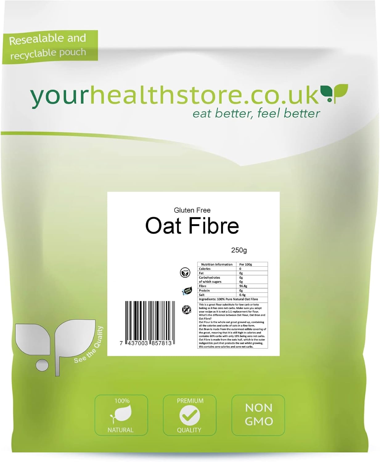 yourhealthstore® Premium Oat Fibre 250g, Extra Light and Fluffy, Great for Keto King Bread, Vegan, Produced in The EU, (Recyclable Pouch)