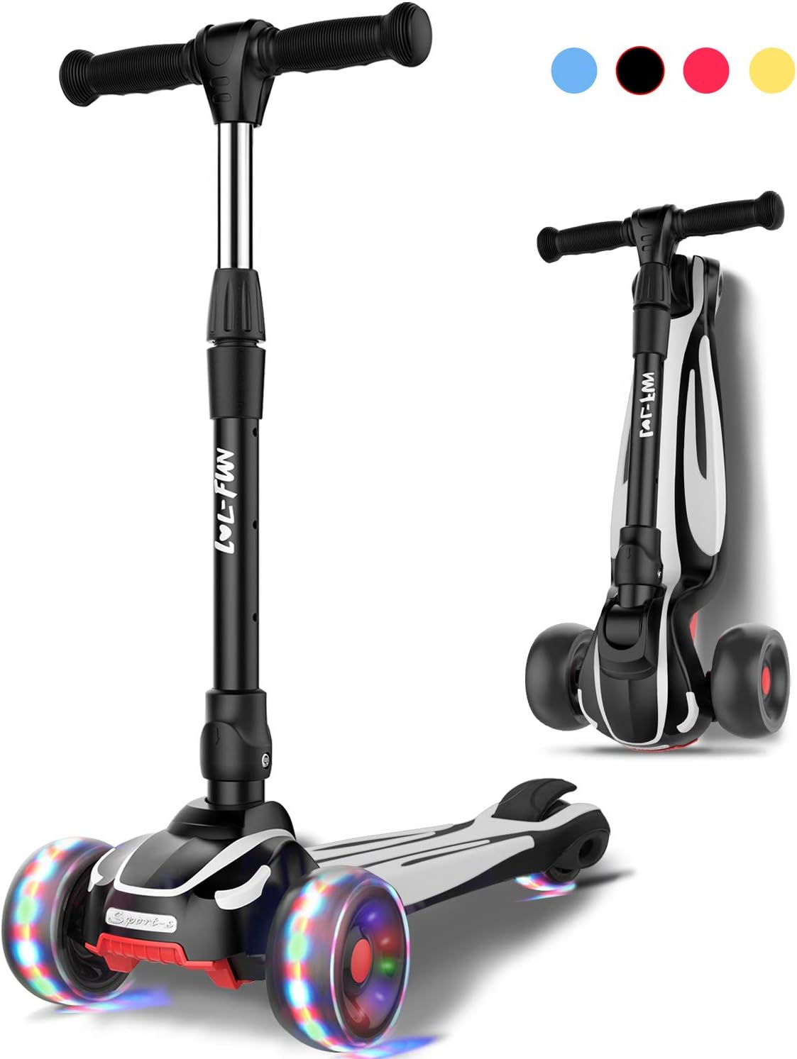 LOL-FUN 3 Wheel Toddler Scooter for Kids Ages 3-8 Years Old Boy Girl, Foldable Kids scooter with 4 Adjustable Height, Extra-Wide Childrens Kick Scooter with Lean-to-Steer and LED Flashing Wheels