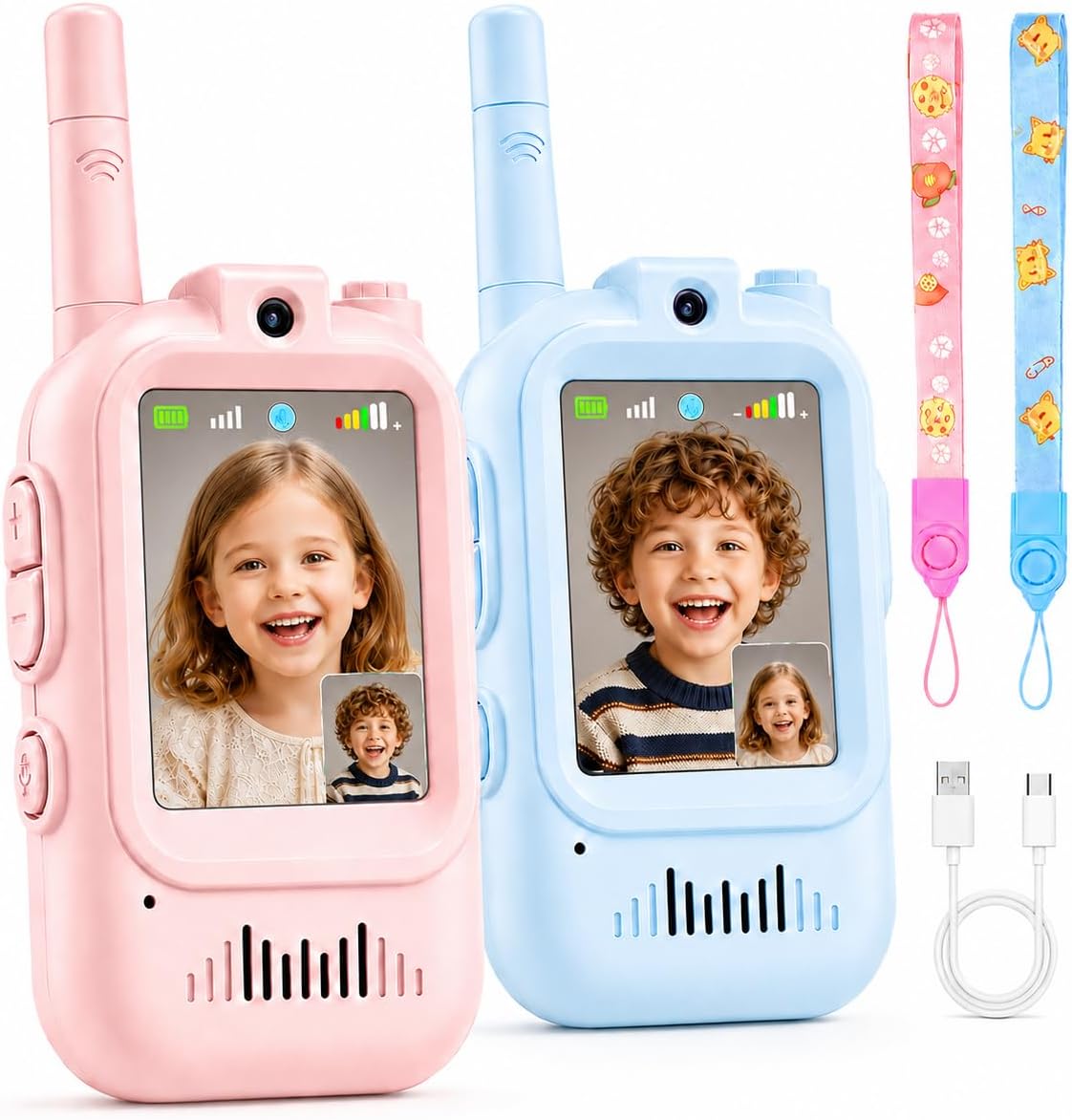 Walkie Talkie for Kids with Video: 2 Pack Rechargeable Toddler Toys with HD Camera & Voice Changer, Long Range Gift Toys for Boy & Girl Age 3-8 for Outdoor Play, Camping (Pink-Blue)