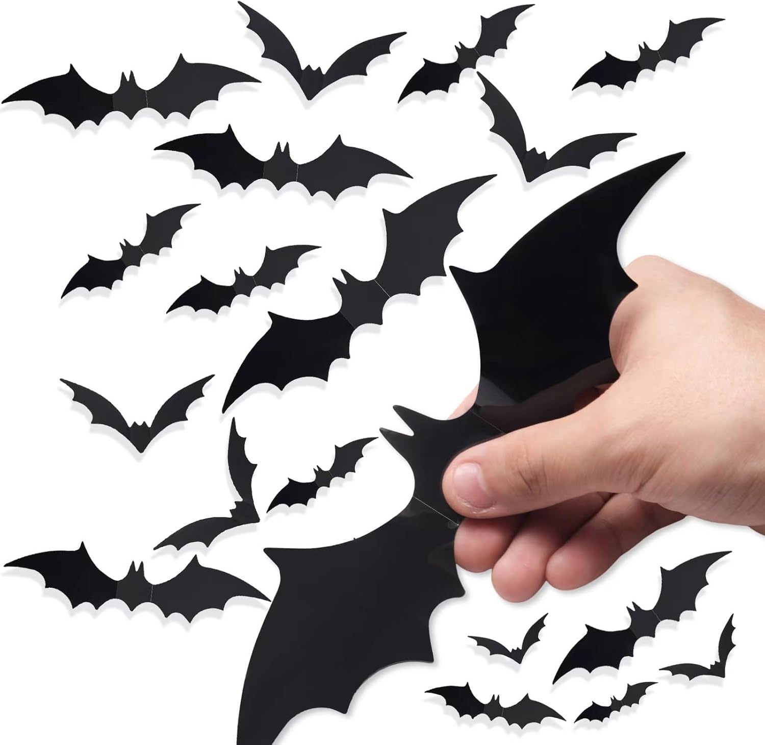 60 PCS Halloween Bats Decoration, 4 Different Sizes Realistic PVC Black 3D Scary Sticker for Home Decor DIY Wall Decal Bathroom Indoor Holiday Party Supplies